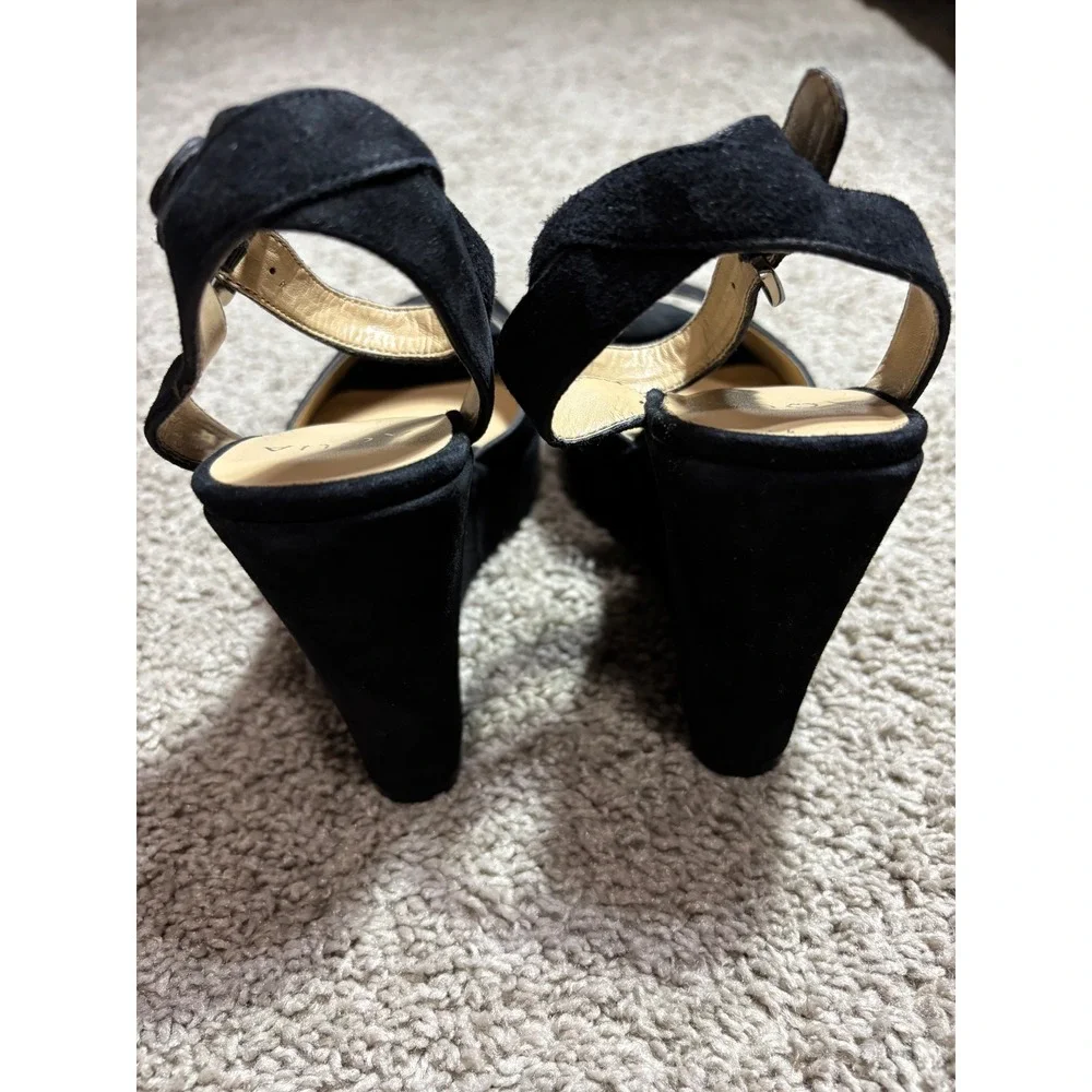 AQUA AQAVA Black Suede Wedge Platform Sandals Peep Toe Ankle Strap Heels 6.5M